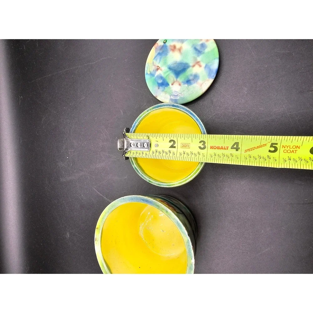 Vintage Studio Pottery Hand Glazed Ceramic Pots Set of 2 Green Yellow Blue